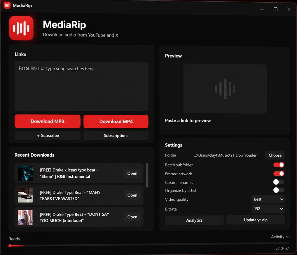 MediaRip workspace — link box, preview pane, download settings, and recent downloads