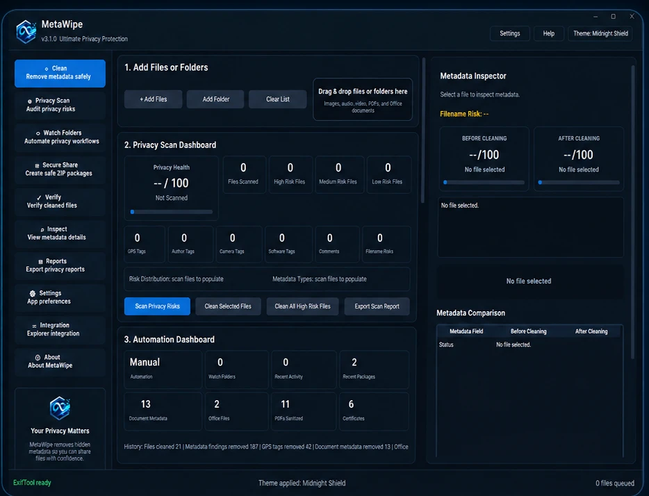 MetaWipe workspace — file queue, privacy scan dashboard, automation dashboard, and metadata inspector